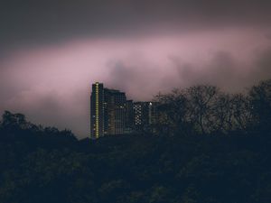 Preview wallpaper building, bushes, clouds, cloudy