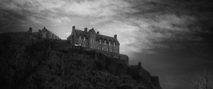 Preview wallpaper building, castle, cliff, slope, black and white