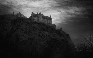 Preview wallpaper building, castle, cliff, slope, black and white
