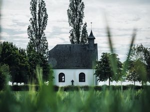 Preview wallpaper building, church, architecture, trees, grass