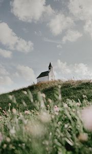 Preview wallpaper building, church, hill, flowers, grass