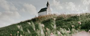 Preview wallpaper building, church, hill, flowers, grass