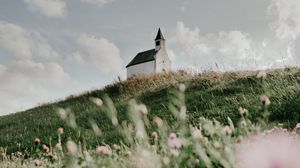 Preview wallpaper building, church, hill, flowers, grass