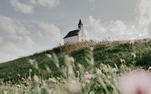 Preview wallpaper building, church, hill, flowers, grass