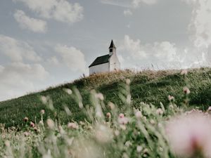 Preview wallpaper building, church, hill, flowers, grass
