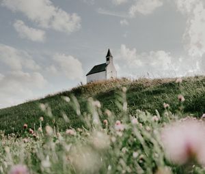 Preview wallpaper building, church, hill, flowers, grass