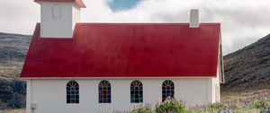 Preview wallpaper building, church, roof, lavender, flowers, field