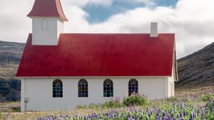Preview wallpaper building, church, roof, lavender, flowers, field
