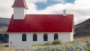 Preview wallpaper building, church, roof, lavender, flowers, field