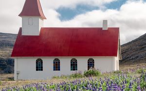 Preview wallpaper building, church, roof, lavender, flowers, field