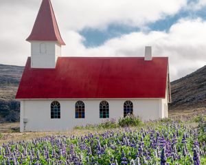 Preview wallpaper building, church, roof, lavender, flowers, field