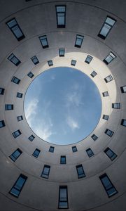 Preview wallpaper building, circle, bottom view, windows, sky