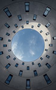 Preview wallpaper building, circle, bottom view, windows, sky