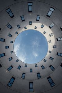 Preview wallpaper building, circle, bottom view, windows, sky