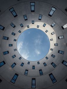 Preview wallpaper building, circle, bottom view, windows, sky