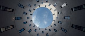 Preview wallpaper building, circle, bottom view, windows, sky