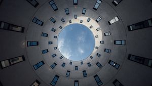 Preview wallpaper building, circle, bottom view, windows, sky