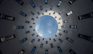 Preview wallpaper building, circle, bottom view, windows, sky