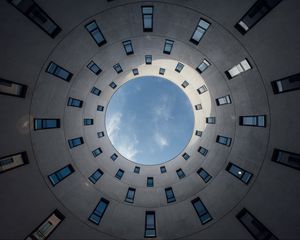 Preview wallpaper building, circle, bottom view, windows, sky