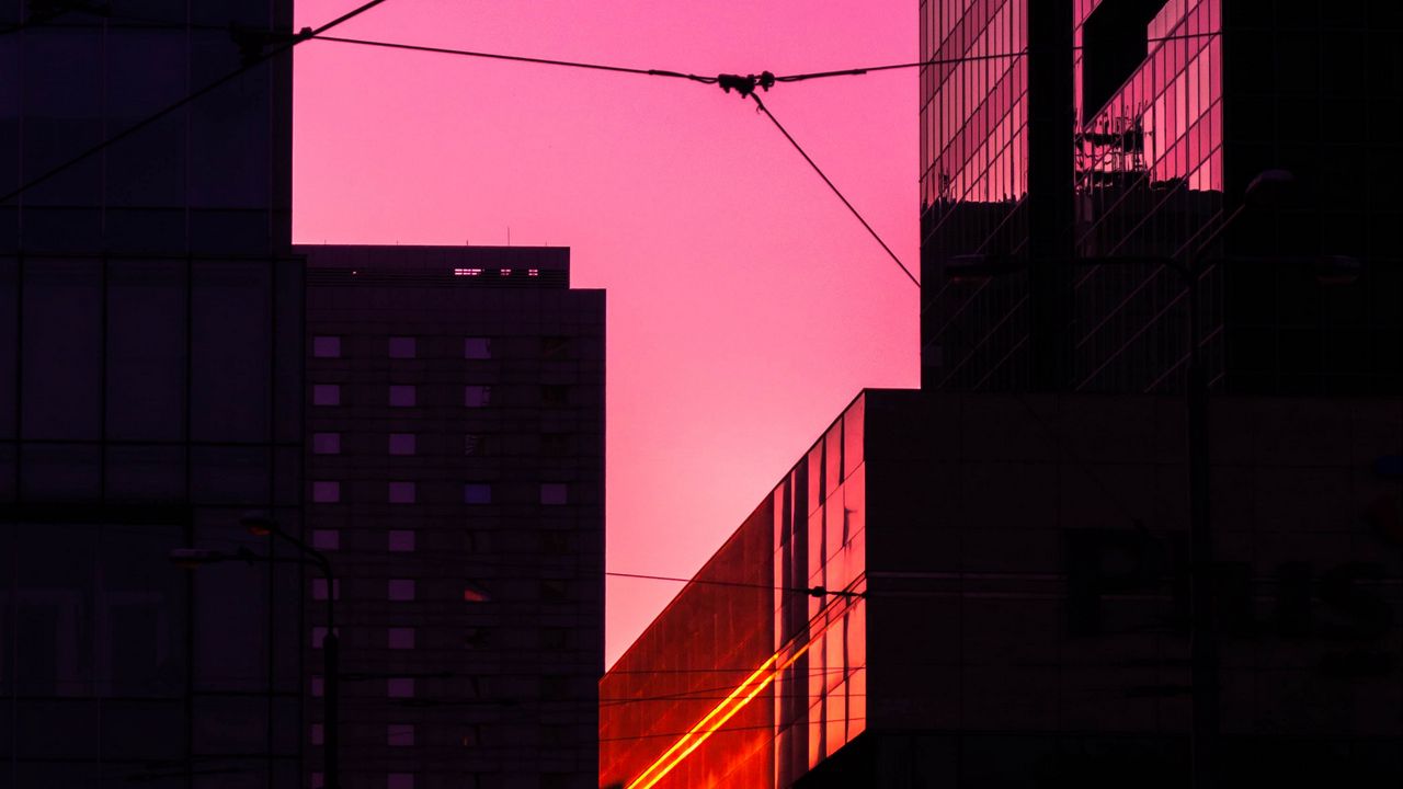 Wallpaper building, city, sunset, silhouette