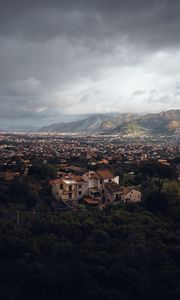 Preview wallpaper building, city, trees, mountains, distance