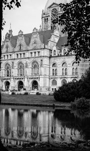 Preview wallpaper building, clock, tower, architecture, river, black and white