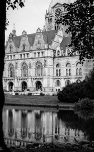 Preview wallpaper building, clock, tower, architecture, river, black and white