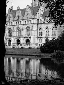 Preview wallpaper building, clock, tower, architecture, river, black and white