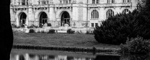 Preview wallpaper building, clock, tower, architecture, river, black and white