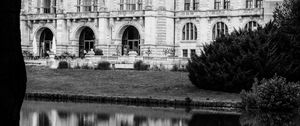 Preview wallpaper building, clock, tower, architecture, river, black and white