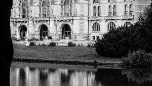 Preview wallpaper building, clock, tower, architecture, river, black and white