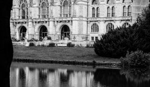 Preview wallpaper building, clock, tower, architecture, river, black and white