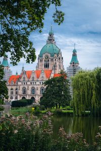 Preview wallpaper building, clock, tower, architecture, trees, pond