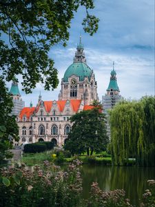 Preview wallpaper building, clock, tower, architecture, trees, pond