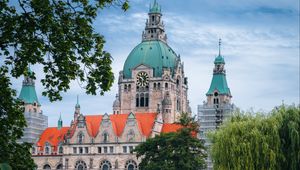 Preview wallpaper building, clock, tower, architecture, trees, pond