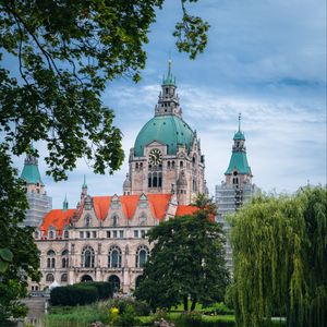 Preview wallpaper building, clock, tower, architecture, trees, pond