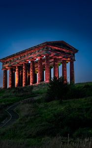 Preview wallpaper building, columns, hill, evening, dark