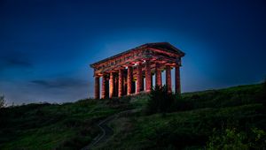 Preview wallpaper building, columns, hill, evening, dark