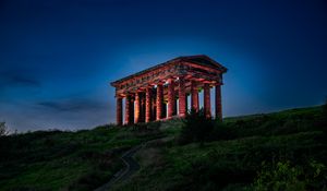 Preview wallpaper building, columns, hill, evening, dark