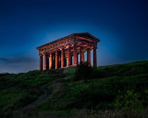 Preview wallpaper building, columns, hill, evening, dark