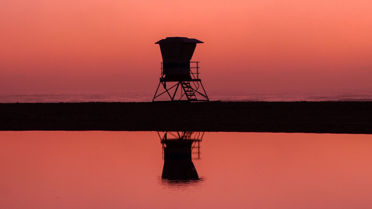 Wallpaper building, dark, dusk, coast, reflection