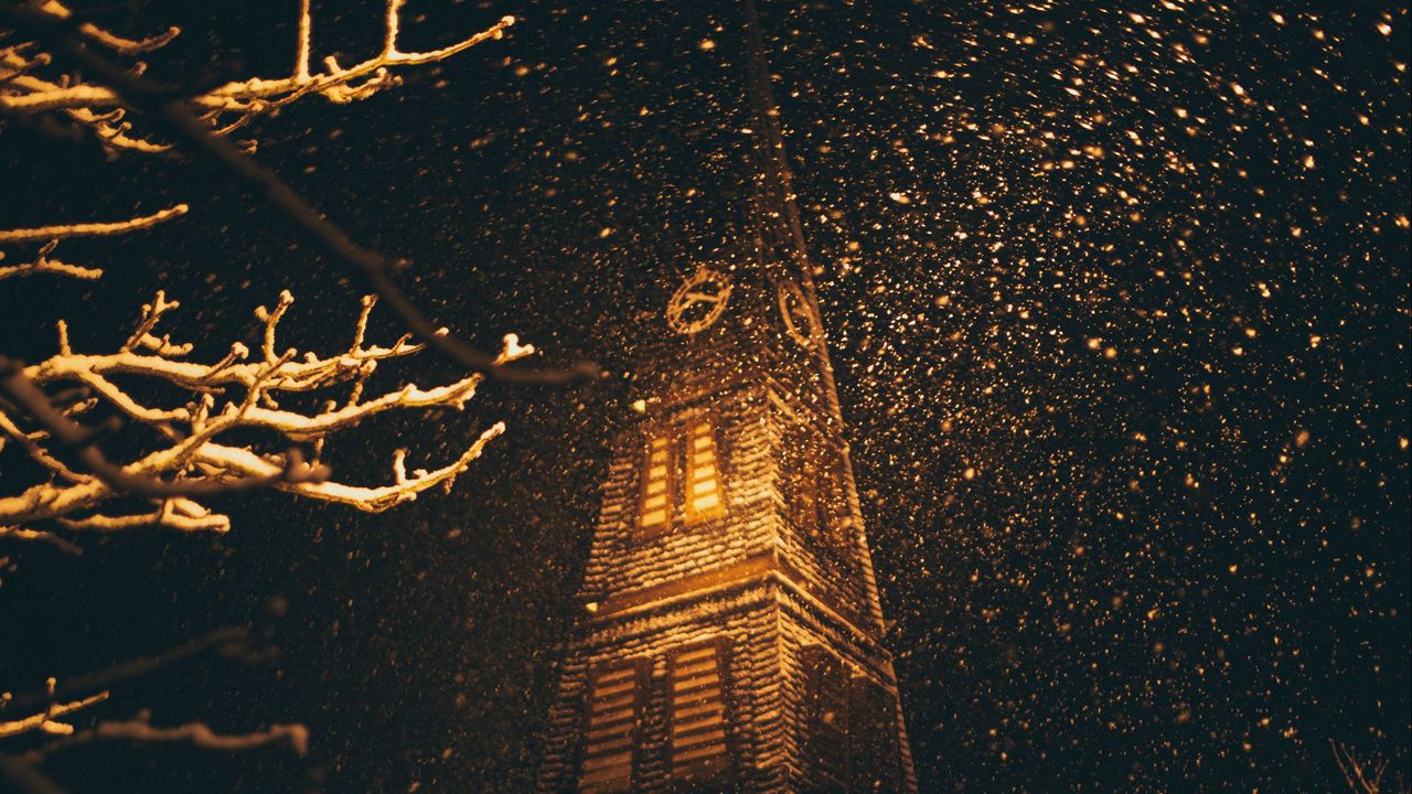 Wallpaper building, dark, night, snow