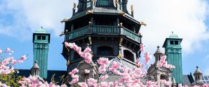 Preview wallpaper building, dome, architecture, sakura, flowers