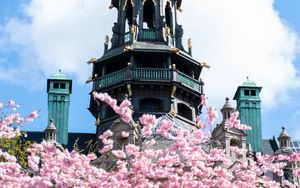 Preview wallpaper building, dome, architecture, sakura, flowers