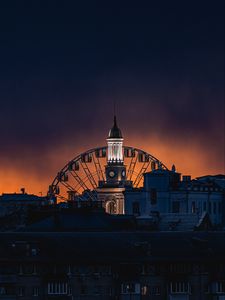 Preview wallpaper building, dome, ferris wheel, city, night, dark