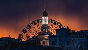 Preview wallpaper building, dome, ferris wheel, city, night, dark