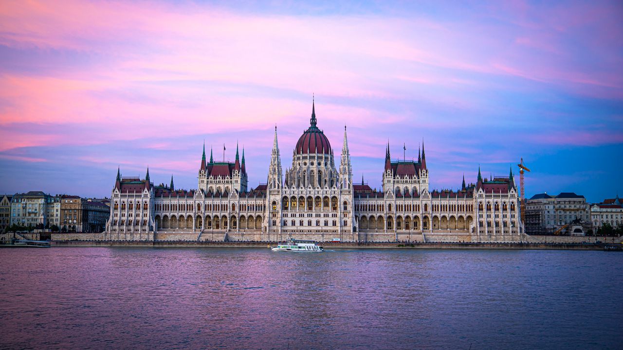 Wallpaper building, domes, spiers, architecture, boat, budapest, hungary