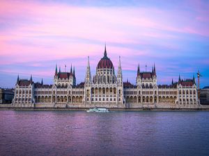 Preview wallpaper building, domes, spiers, architecture, boat, budapest, hungary