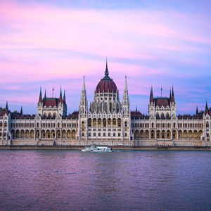 Preview wallpaper building, domes, spiers, architecture, boat, budapest, hungary