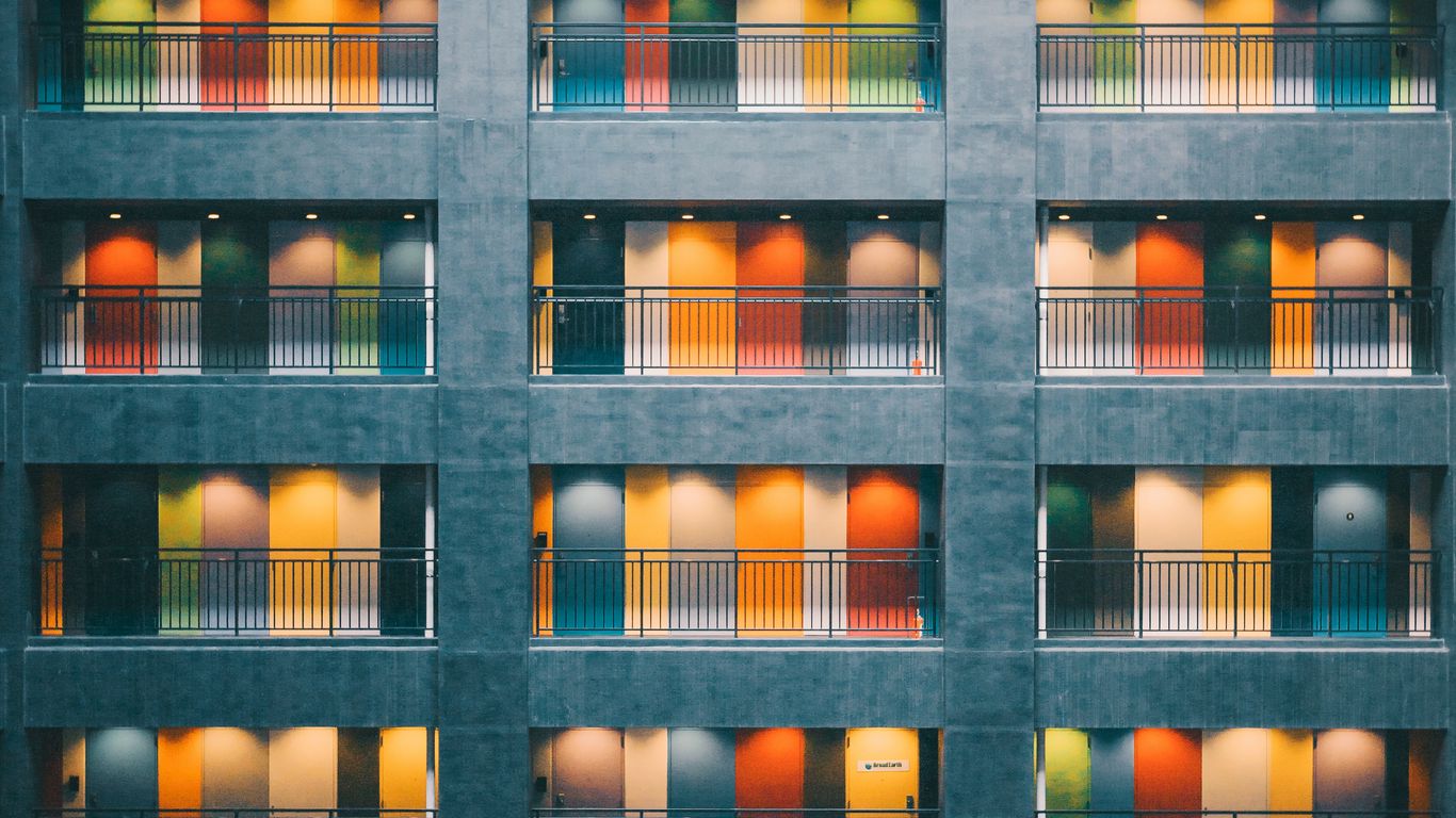 1366x768 Wallpaper building, doors, architecture, minimalism, colorful